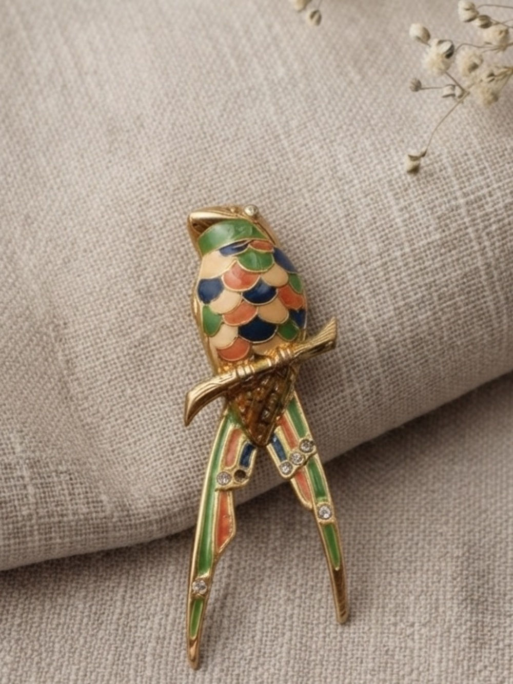 Vintage Multi-Color Enamel Bird Brooch Gold Tone Rhinestone Accent